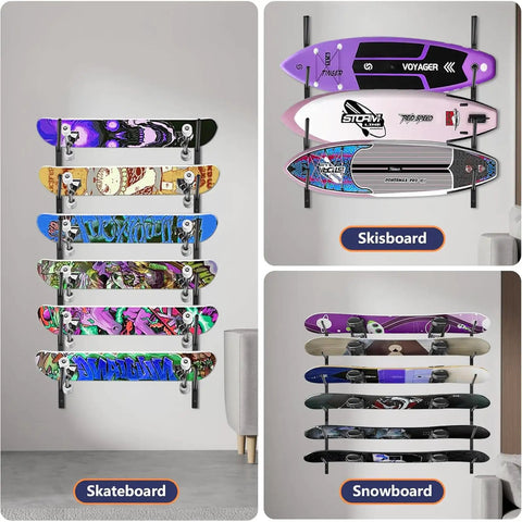 6 Tier Skateboard Wall Mount Rack For Snowboard Longboard And Deck Storage Modular Garage Gear Organizer with various boards