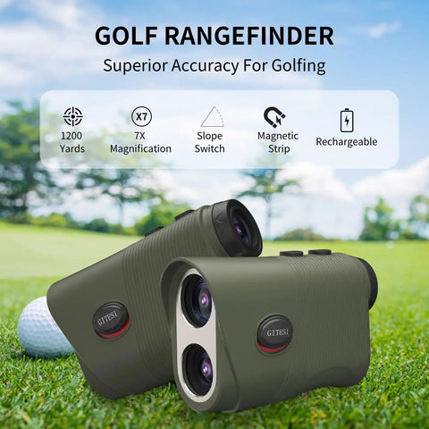Top Notch Golf And Hunting Rangefinder Up To 1200 Yards With 7x Magnification Slope Switch For Tournament Legal Readings Magnetic Pole Mount Vibration Alerts IPX44 Waterproof Rechargeable Battery Green on golf course