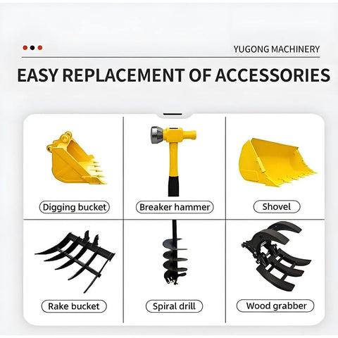 Accessory options for Compact 4x4 Wheel Backhoe Loader With Front End Loader And Rear Digger for various tasks.