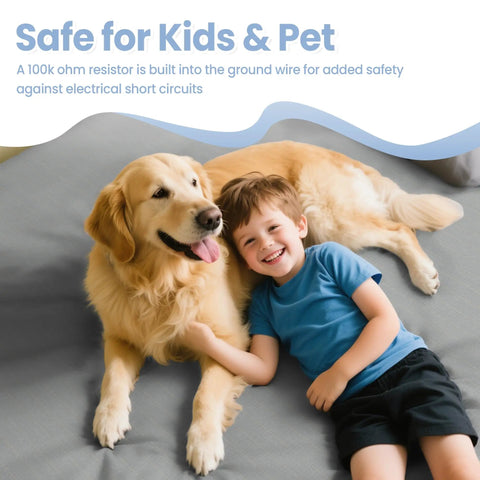 Child and dog on Grounding Sheets For Earthing, Gray Queen Size Fitted Bed Sheet With Silver Infused Fibers And Organic Fabric.