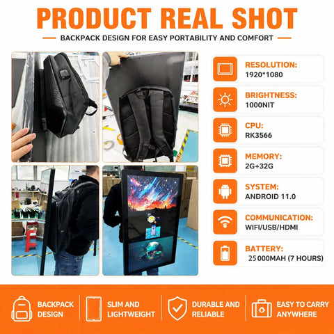 Flex Your Brand On This Head Turning Outdoor Mobile Digital Walking Billboard Backpack With A 32 Inch Full HD Led Screen displayed on a person.