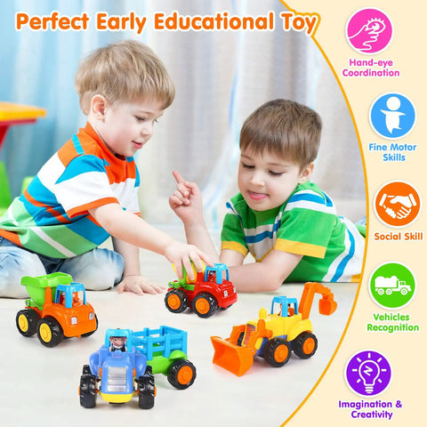 Two boys playing with Inertia Friction Powered Construction Vehicle Set Push And Go Toys Four Pack Cement Mixer Bulldozer Dump Truck Tractor