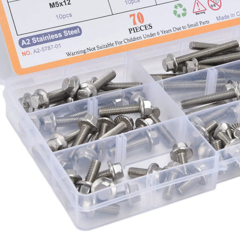 70 Piece Hex Flange Bolt Kit Stainless Steel 304 Fasteners Set for Industrial Projects in plastic box