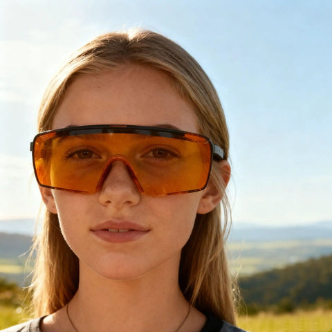 Badass Heavy Duty UV Safety Glasses Engineered To Block Harmful 254Nm UV Rays For Tlc Lab Tasks Ansi Z 871 Certified Industrial Grade Wraparound Goggles worn by a woman outdoors.