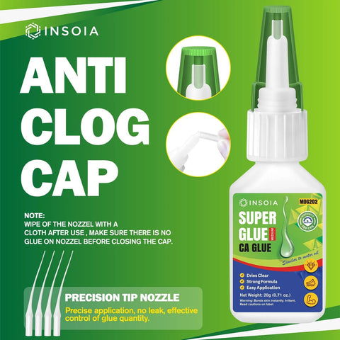 Insoia CA glue bottle with anti-clog cap and precision nozzle, 20 g, green packaging