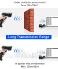 No Sweat Wireless Barcode Scanner With Crisp Two Inch Tft Screen For Rapid One D And Two D Inventory Tracking Plus Instant Qr Code Snapping On The Go For Busy Warehouses Anytime showing wireless range capabilities.