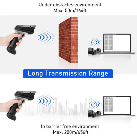 No Sweat Wireless Barcode Scanner With Crisp Two Inch Tft Screen For Rapid One D And Two D Inventory Tracking Plus Instant Qr Code Snapping On The Go For Busy Warehouses Anytime showing wireless range capabilities.