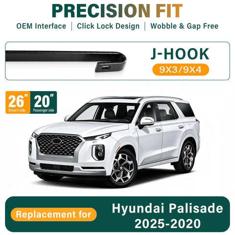 Straight Up Windshield Wiper Blades Replacement For Hyundai Palisade 2020 Through 2025 with J-hook design and sizes 26" and 20".