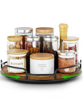 9 Inch Wooden Lazy Susan Organizer with 360 Degree Rotation holding spices and jars on countertop