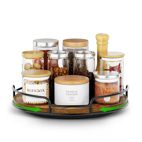 9 Inch Wooden Lazy Susan Organizer with 360 Degree Rotation holding spices and jars on countertop