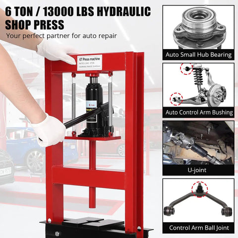 6 Ton H Frame Hydraulic Press With Adjustable Table And 2 Press Plates Beefed Up Heavy Duty Shop Press in use for auto repairs