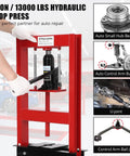 Beefy 6 Ton Hydraulic Shop Press With H Frame And Two Press Plates, Garage Floor Press For Auto Repairs, Metal Fabrication And Maintenance, Adjustable Work Table Height, Red, shown pressing a bearing