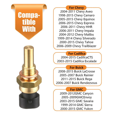 Engine coolant temperature sensor with brass-gold body and black plastic connector.
