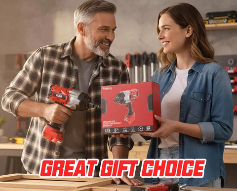 Man and woman holding a box of Three Quarter Inch Cordless Impact Wrench Bare Tool, High Torque 1850 Ft Lbs 2500 Nm.