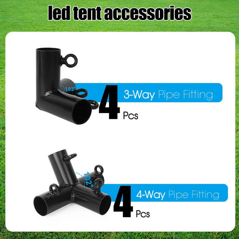 3-way and 4-way black pipe fittings for tent setups, compatible with one and three eighths inch trapezoid batting cage corner kit
