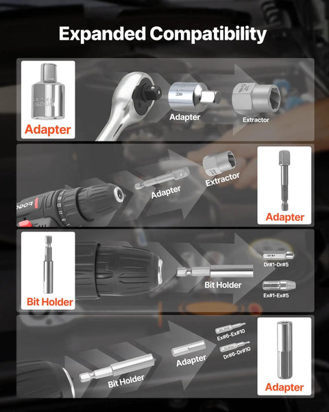Expanded compatibility of 49 Piece All In One Bolt And Screw Extractor Kit With Drill Bits Easy Out Set showing adapters and bit holders