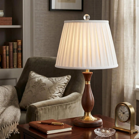 Empire Lamp Shade With Side Pleats In White 10.5 By 16 By 11 Inches Hand Tailored Silk Shantung Classic Look on Wooden Lamp Base
