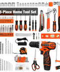 255 Piece Tool Set With 12V Cordless Drill Driver Drawer Style Toolbox Case displayed with various tools and accessories