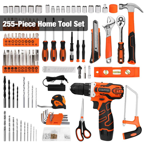 255 Piece Tool Set With 12V Cordless Drill Driver Drawer Style Toolbox Case displayed with various tools and accessories