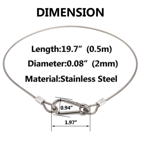Heavy Duty Stainless Steel Safety Cable Lock With Loops And Carabiner, Flexible Wire Cable 19.7-inch length, 0.08-inch diameter