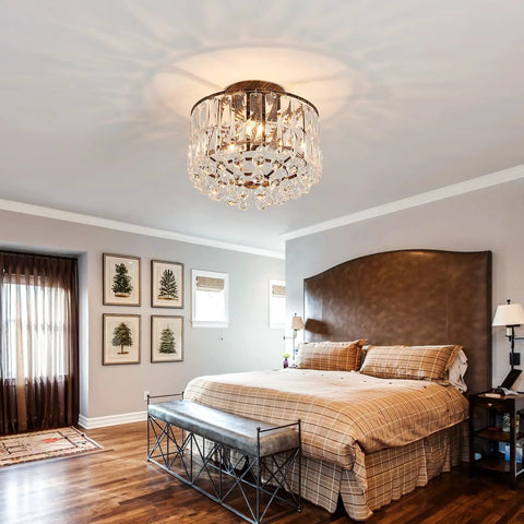Lit Semi Flush Mount Bronze Crystal Ceiling Light With Crystal Tube Matte Antique Finish Modern Chandelier in bedroom setting