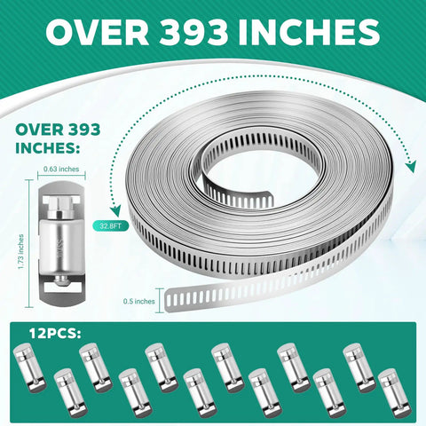 Beefy Heavy Duty 304 Stainless Steel Hose Clamp Band Kit Cut To Fit DIY Length 32.81 Ft With 12 Fasteners