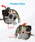 GY6 50cc Carburetor Kit PD18J with dimensions for 139QMB 4 Stroke Engines, includes fuel line and hoses, top and front view