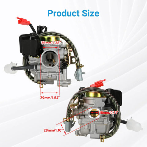 GY6 50cc Carburetor Kit PD18J with dimensions for 139QMB 4 Stroke Engines, includes fuel line and hoses, top and front view