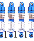 Beefed-Up Full Aluminum Oil Shocks Kit For 1/18 Scale RC Trucks 4 Pc Set Upgraded Replacement Parts Compatible With 18858 18859 18859A And 18868 Blue Finish, showing four blue shocks with springs and screws.