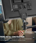 Light Stand Mount Adapter With Cold Shoe And Quarter Inch Screw Mini Ball Head supporting a screen, strong metal construction