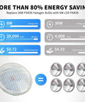 Comparison chart for PAR36 LED Landscape Bulbs 6W 3000K Warm White ACDC 12V Water Resistant Pack Of 6 and 36W halogen bulbs.