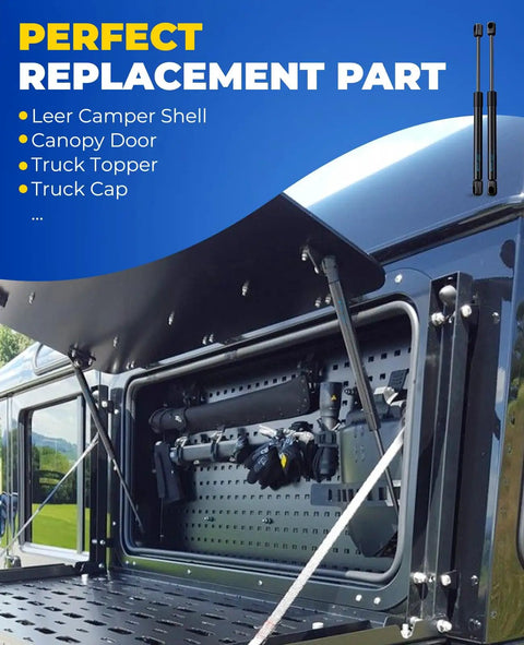 Heavy Duty Gas Struts For Truck Canopy Topper And Rear Window Replacement, showing installed struts on a truck canopy door.