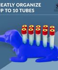 Dachshund Shaped Test Tube Rack For 16mm Lab Tubes Vertical Storage That Holds 10 Glass And Plastic Tubes Vial Holder Phlebotomy Gear Royal Blue Desk Sidekick with test tubes inserted.