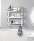Over Toilet Bathroom Wall Shelf Organizer 3 Tier Wall Mount Shelf Rack With Hooks White Finish, mounted above a sink in bathroom