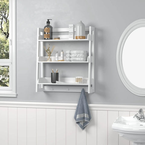 Over Toilet Bathroom Wall Shelf Organizer 3 Tier Wall Mount Shelf Rack With Hooks White Finish, mounted above a sink in bathroom