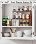 Kitchen Countertop Organizer And Spice Rack For Pantry And Coffee Station Space Saver Stackable Cabinet Shelves Rustic Wood Brown Finish No Fuss Easy To Assemble in a white cabinet