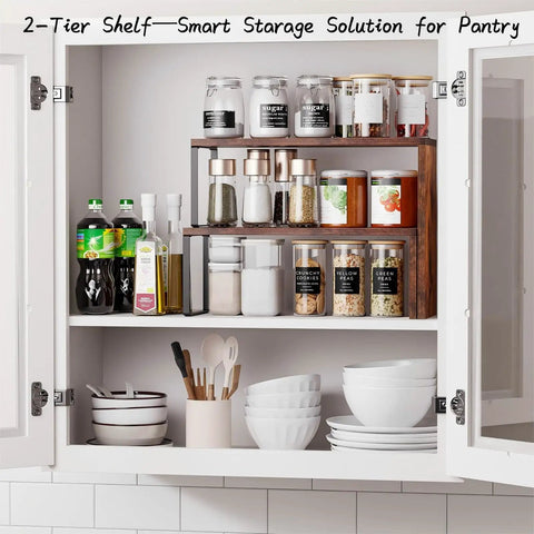 Kitchen Countertop Organizer And Spice Rack For Pantry And Coffee Station Space Saver Stackable Cabinet Shelves Rustic Wood Brown Finish No Fuss Easy To Assemble in a white cabinet
