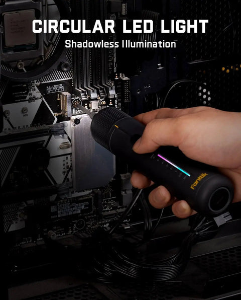 Cordless Electric Screwdriver Set With Precision Torque Control And Ergonomic Grip For No Sweat Diy Repairs Quick Furniture Assembly Computer Upgrades And Badass Heavy Chores With Slick Performance, illuminated circular LED light in use on computer parts.