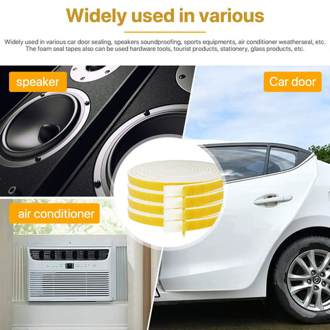 Top Tier Closed Cell Weather Stripping Foam Tape Four Rolls White Door Window Gasket Seal Self Adhesive Draft Blocker shown in various uses.
