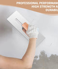 Hand using 3 Piece Drywall Trowel Set Pro Grade Stainless Steel Masonry Finishing Trowels With 14x4 12x4 8x3 Inch Blades