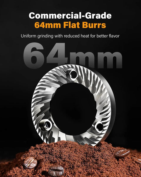 64mm Burr Coffee Grinder For Home Barista Use With Commercial Grade Precision And 100 Grind Settings flat burrs close-up