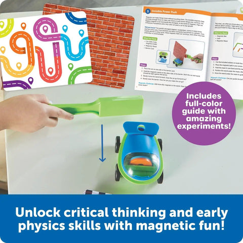 Hands On STEM Magnetworks Set With 14 Magnet Experiments For Kids Ages 5 And Up, guide and toy car on table