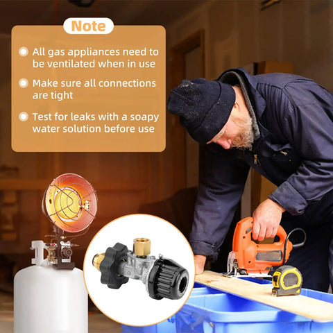 Tank Top Propane Regulator Valve Kit For Portable Heaters That Plays Nice With SunRite SRC15T SRC30T Dura Heat GR121 HD15 And MH Series Tank Top Heaters Replacement Parts shown with a portable heater in use by a person using a tool.
