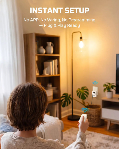 Person using Plug And Play Indoor Remote Control Outlet Kit With Expandable Wireless Light Switch On Off Power Switch 100 Ft RF Range in living room