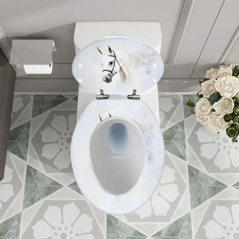Toilet Seat Elongated for Bathroom with a white horse design, measuring 14.5" x 18.5", suitable for most standard toilets.
