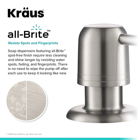 Spot Free Stainless Steel Soap And Lotion Dispenser With Self Priming Pump Multi Purpose Refillable Bottle For Kitchen Or Bath Easy Top Fill Durable Heavy Duty Dispenser close-up showing all-Brite finish