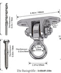 Heavy Duty Stainless Steel Ceiling Swing Hanger Wicked Smooth 360 Rotation Silent Bearing Mount with screws and dimensions.