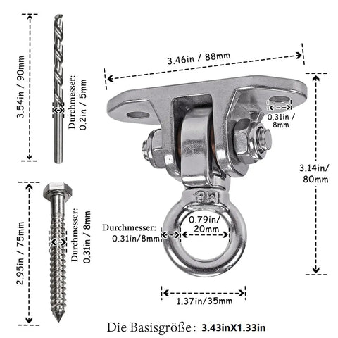 Heavy Duty Stainless Steel Ceiling Swing Hanger Wicked Smooth 360 Rotation Silent Bearing Mount with screws and dimensions.
