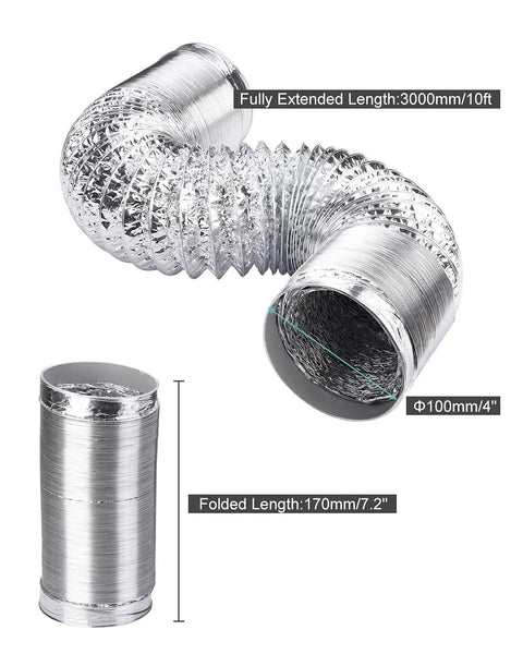 Beefy Flexible 4 Inch Dryer Vent Hose 10 Feet Aluminum Ducting For HVAC Ventilation with Foil Air Duct shown extended and folded