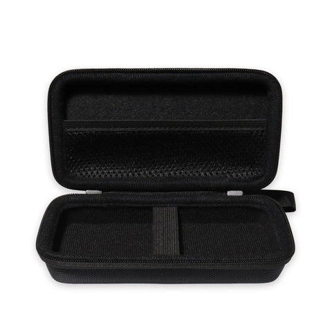 All In One Laser Distance Case For 400ft Blaze Series Keeps GLM400CL And GLM165-40 Safe With Charger Cord, Cables, And Small Accessories In A Semi Hard Zippered Carrying Case. Black semi-hard zippered case open with molded interior and mesh pocket.